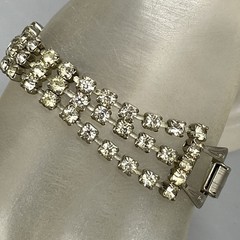 VTG Clear Rhinestone Bracelet Silver Tone Three Rows Fold Over Clasp WEAR 7″