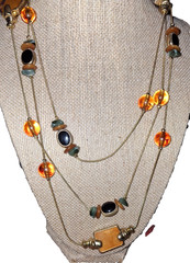 vintage korea gold plate long station necklace amber glass acrylic and enamel