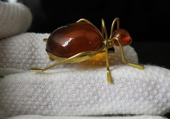 Vintage Natural Baltic Amber Beetle Brooch USSR Gold-Plated Pin 1965s