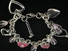 Vintage Silver Tone Heart Charm Bracelet Pink Rhinestone Dangle Lobster 8.5”Adj