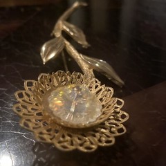 VTG Filigree Flower Brooch Pin w Clear AB Margarita Rivoli Crystal Gold Tone 4”