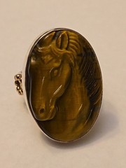 Horse ring figurative face band tiger eye size 7 sterling silver women