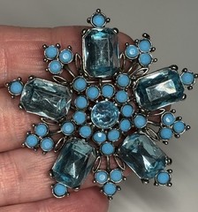 Vintage Brooch Pot Metal Glass Acrylic Blue Rhinestones Flower Starburst