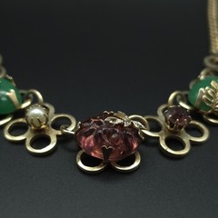 Vintage 1950s MCM Art Glass Floral Necklace Green Pink Cabochon 16.5″