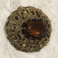 Vintage W Germany Brooch Gold Tone Brown Yellow Rhinestones