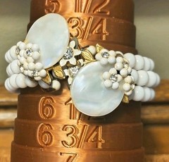Vtg 40s Miriam Haskell Milk Glass MOP Bypass Cuff Bracelet Earrings Gold Set