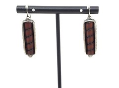 Vintage BEN-AMUN Modernist Silver Bar Dark Red Stripe Dangle Pierced Earrings