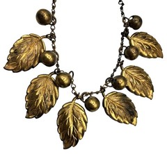Vintage Brass Leaf Berry Necklace With Adjustable Chain Antique
