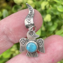 Sterling Silver & Turquoise Thunderbird Charm Colorado Souvenir Tag Banner
