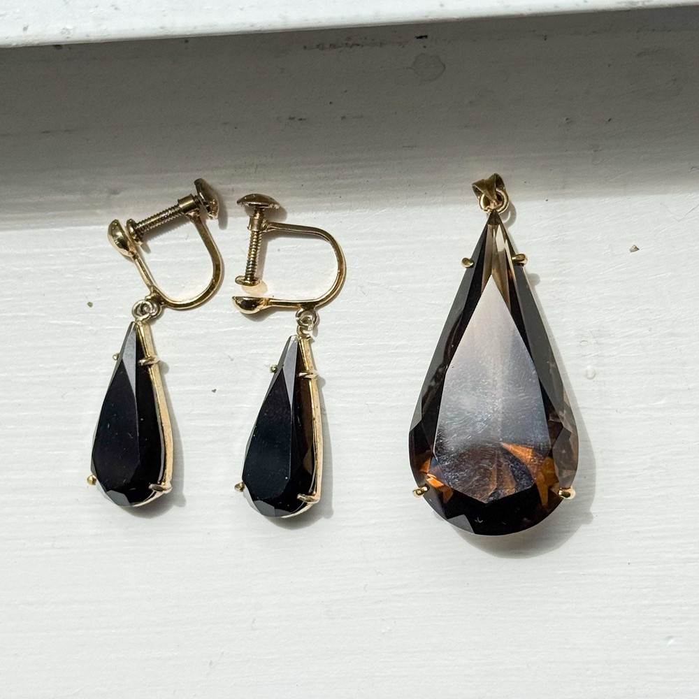 Vtg Smoky Quartz Glass Teardrop Pendant Screw Back Earrings Sterling Gold Plated