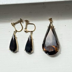 Vtg Smoky Quartz Glass Teardrop Pendant Screw Back Earrings Sterling Gold Plated