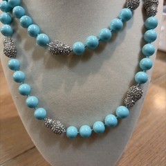 Turquoise Glass Beads w/Rhinestone Beads In Long Knotted Strand Necklace 34”