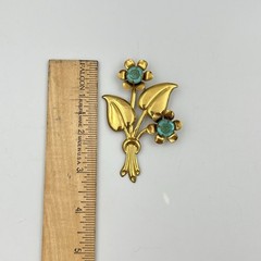 Large Vintage Gold Tone Flower Bouquet Brooch Pin Aqua Blue Lucite 1940s 1950s
