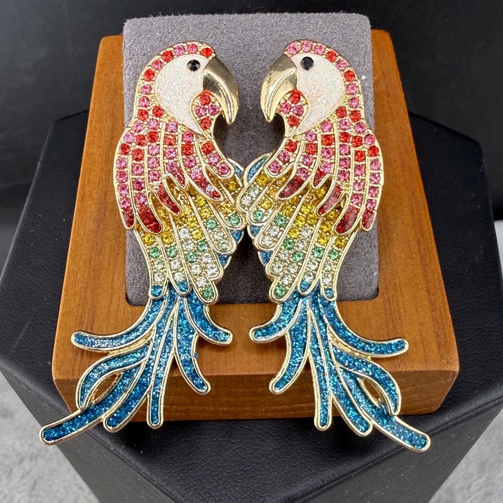 Sugarfix Rhinestone Parrot Pierced Earrings Gold Tone Bird Signed