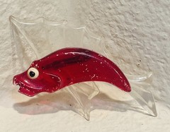 Vintage Lucite Red Fish Brooch w/ Clear Stylized Fins, “Googly Eye” 1940s-50s