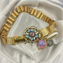 Vintage Faux Opal Heart,AB Bead & Pearl Charms,New Victorian Book Chain Bracelet
