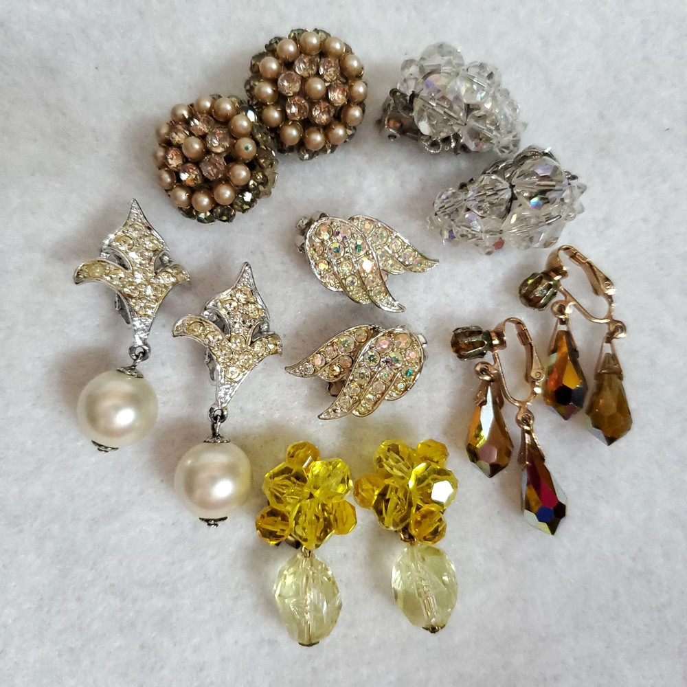 Vintage Clip On Earrings AB Rhinestone Pearl Sarah Cov Unsigned 6 Pair