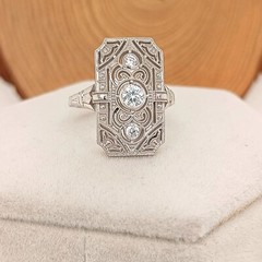 Art Deco Filigree Ring Vintage Style Engagement Cocktail Ring 14K White Gold FN
