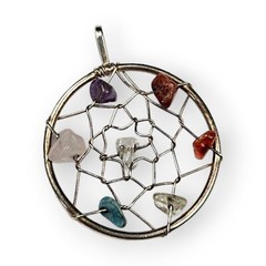 Dreamcatcher Pendant Colorful Gemstone Chip Silver Tone Wire Wrapped Vtg 1 5/8″