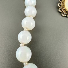 Vintage Opalite Necklace Earrings Set Silver Tone Scalloped Filigree Box Clasp