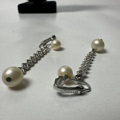 Marvella Silver tone w/ Faux Pearls 7 Rhinestones Dangle Drop Clip Earrings