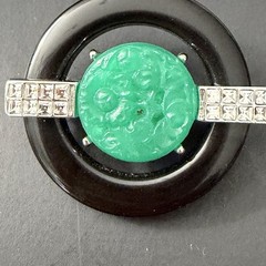 Kenneth J Lane KJL Carved Green Faux Jade Art Deco Style Rhinestone Brooch