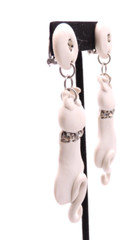 White Cat Kitty Earrings READ Vintage 80s Clay Ceramic Rhinestone Dangle Clip-On