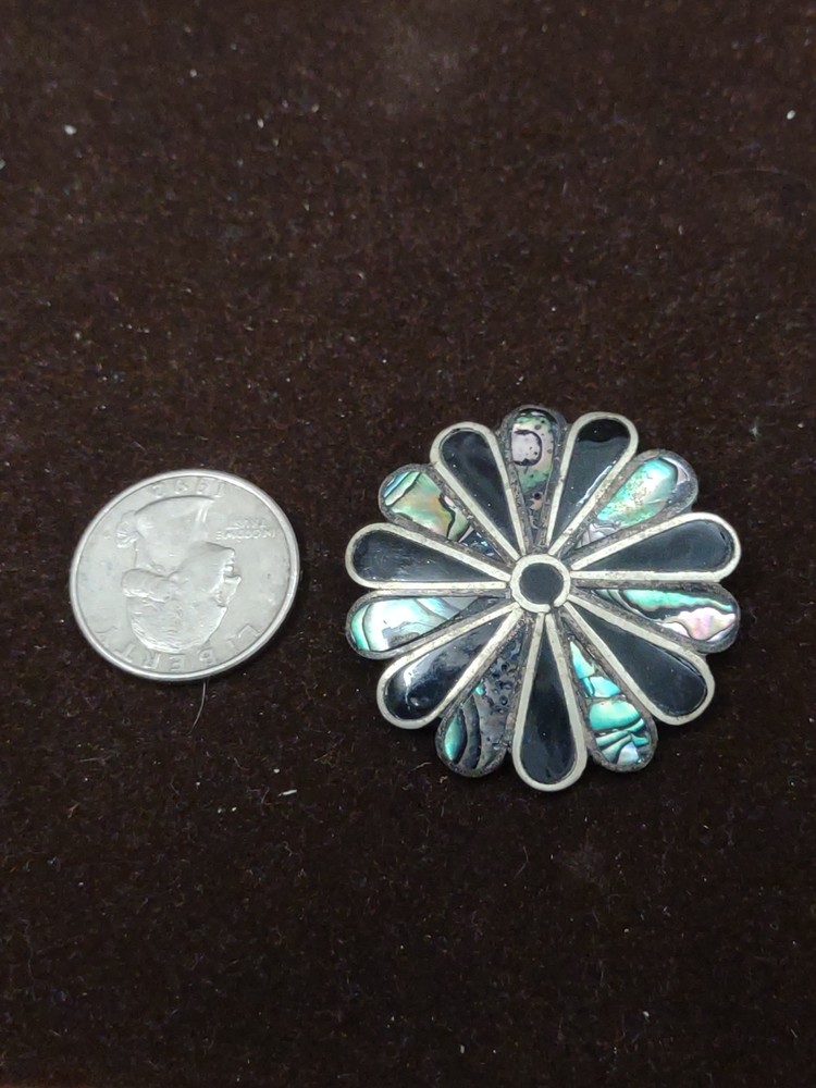 Amazing Vintage Mexican Alpaca Onyx and Abalone  Pin unique Shape ,Size, Colors.