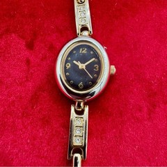 Vintage Gold-tone Bracelet Watch Black Dial Japan Quartz 1999 Rhinestone Links