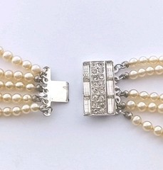 Vtg MARVELLA 5 Strand Champagne Color Faux PEARL NECKLACE – Rhinestone Clasp