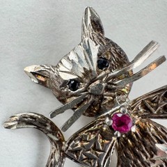 Vintage Sterling Silver Cat Brooch with Sapphires & Ruby Figural MCM Design