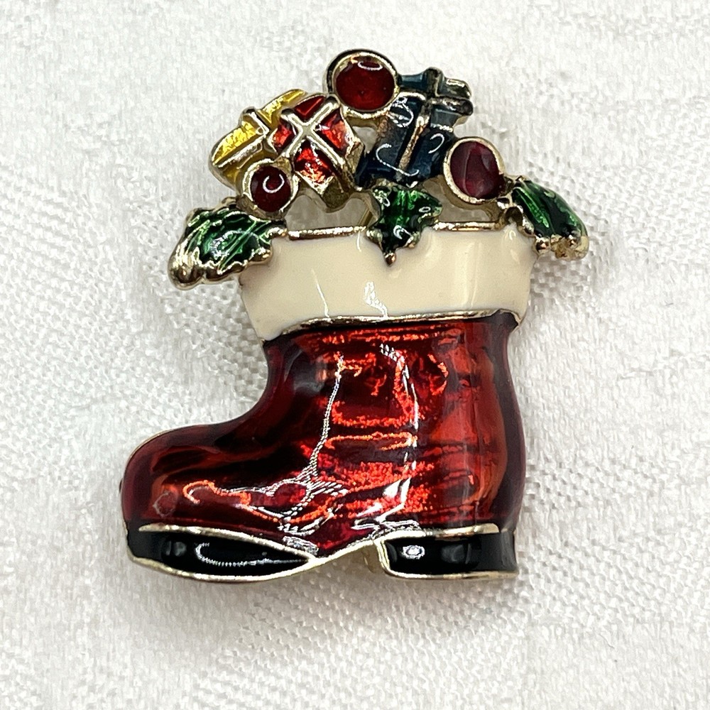 Vintage Enamel Red Santa Claus Christmas Stocking Boot Holly Berry Brooch Pin