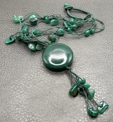 Vintage Asian Green Stone Disk Pendant Hand Knotted Beaded Necklace 24”
