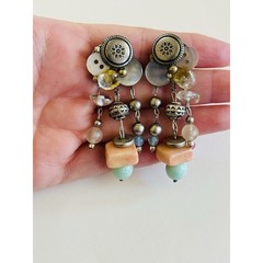 VTG Button Earrings Dangle statement Chunky Silver Pink Lucite Clip 1990s Rare