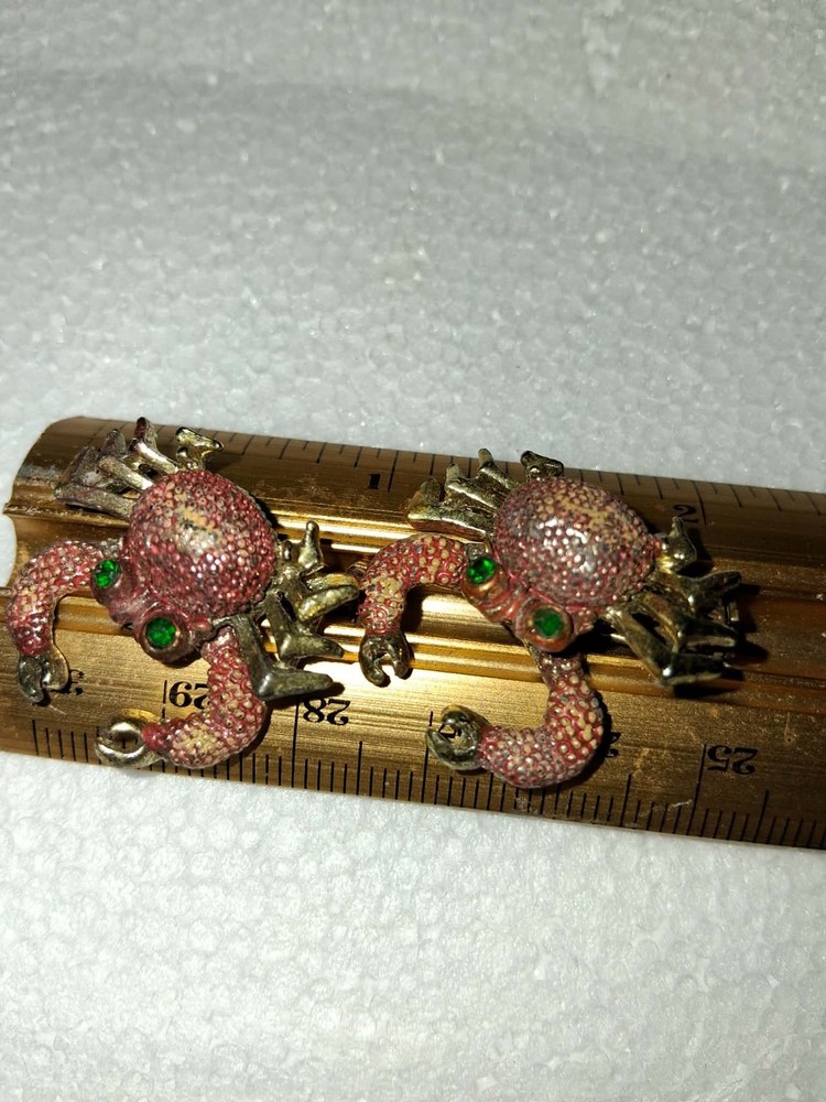 Pair Vintage Pink Crab Brooches Green Rhinestone Eyes Figural Gold Tone Pins