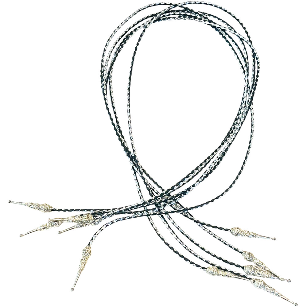 Silver and Black Corded Bolo Tie Strings with Decorative Tips – 36″ – LOT of 5