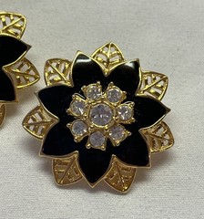 Vintage 90’s Avon Gold Tone Black Floral Pierced Earrings Rhinestones