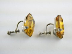 Vintage Sterling Silver Gold Yellow Faceted Glass Screw Back Earrings 7.1g .75In