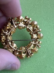 Vtg Austrain Crystal Brooch Pin Open Circle Aurora Borealis Yellow Cognac