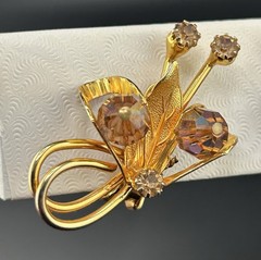 Hobé Gold Tone Flower Clip On Earrings W Amber/Champagne AB Crystals