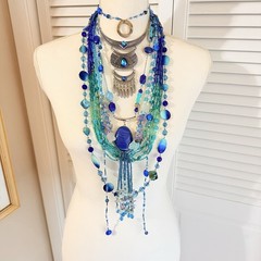 Vintage Necklace Lot Blue Glass Beads and other Materials 7 Necklaces