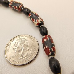Vintage Barrel Bead Necklace Red Black White Abstract Tribal 22″ Matinee Length