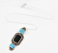 Sterling Silver Art Deco Turquoise Onyx Marcasite Pendant Necklace 18in 6.2g