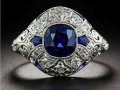 Art Deco Vintage Blue Sapphire & Lab Created Diamond 14K White Gold Plated Ring