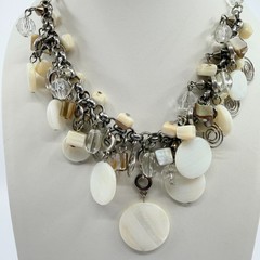Vintage Silver Tone Mother of Pearl Necklace Multi Strand Cluster Charm Bib Boho
