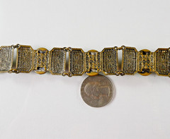 Vintage Czech Ornate Brass Tone Bracelet Filigree Links Peking Glass Cabochons