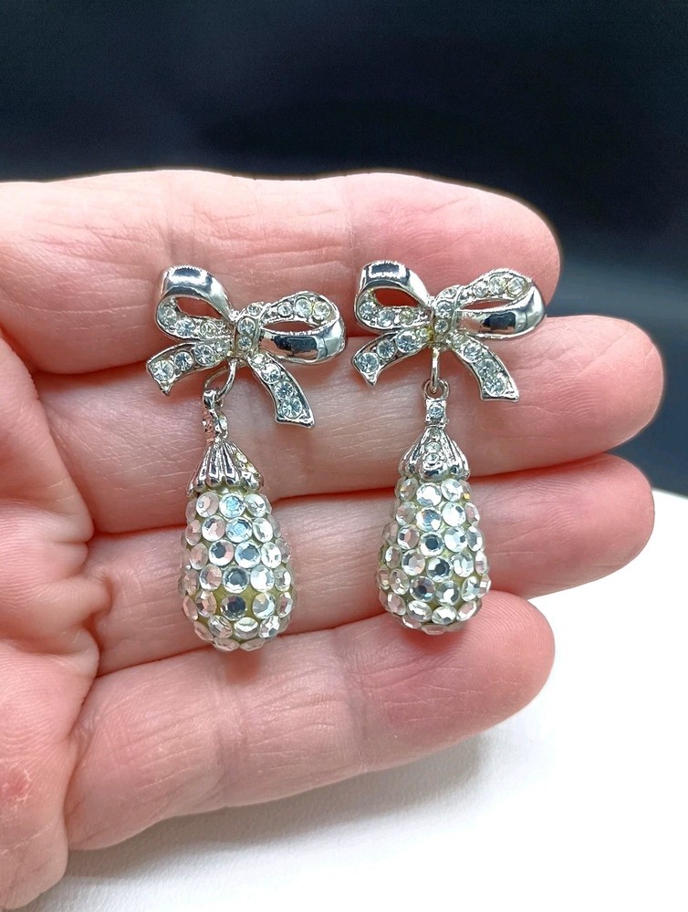 Vintage Rhinestone Bow Earrings Dangle Stud Mirror Disco Ball Glam Party 1″