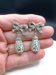Vintage Rhinestone Bow Earrings Dangle Stud Mirror Disco Ball Glam Party 1″