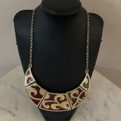 Vtg Mirabella Burgundy Enamel Egyptian Revival Earrings Bib Necklace Panel 16”