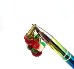Fun! Red & White Plastic Fruit Salad 34″ Necklace W Dangle Clip Earrings Germany